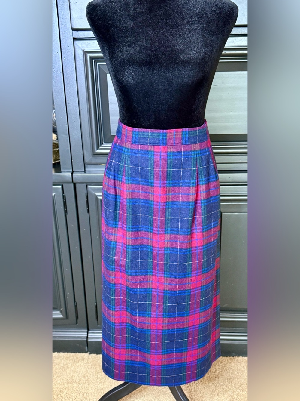 Vintage Pendleton 100% wool plaid midi skirt side button classic preppy large EC
